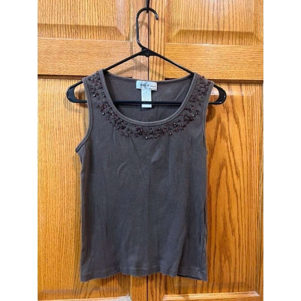 brown K-K-It Studio ribbed tank top jewel accents size m